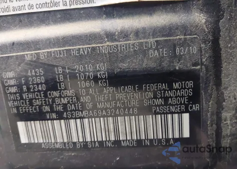 2010 Subaru Legacy 2.5I z USA, uszkodzony, nr VIN 4S3BMBA69A3240448